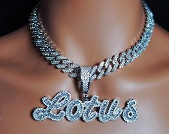 Collana con nome carattere script personalizzato, girocollo con nome personalizzato bling-bling, targhetta personalizzata con catena cubana, gioielli per feste di ballo da donna