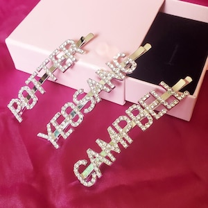 Grampos de cabelo com palavras de ditado personalizadas, grampos de cabelo com letras personalizadas, acessórios de cabelo com nome personalizado, joias brilhantes para festa de formatura, presentes para madrinhas