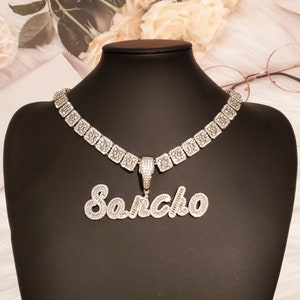 Bling Luxury Name Chain,Custom Brush Cursive Letters Name Necklace,Icy Baguettes Nameplate With Big Size Tennis Chain,Hot Trendy Accessories