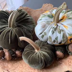 Olive velvet pumpkins with real stems, velvet acorns, Thanksgiving decor, farmhouse decor, wedding decor, velvet decor, green pumpkins
