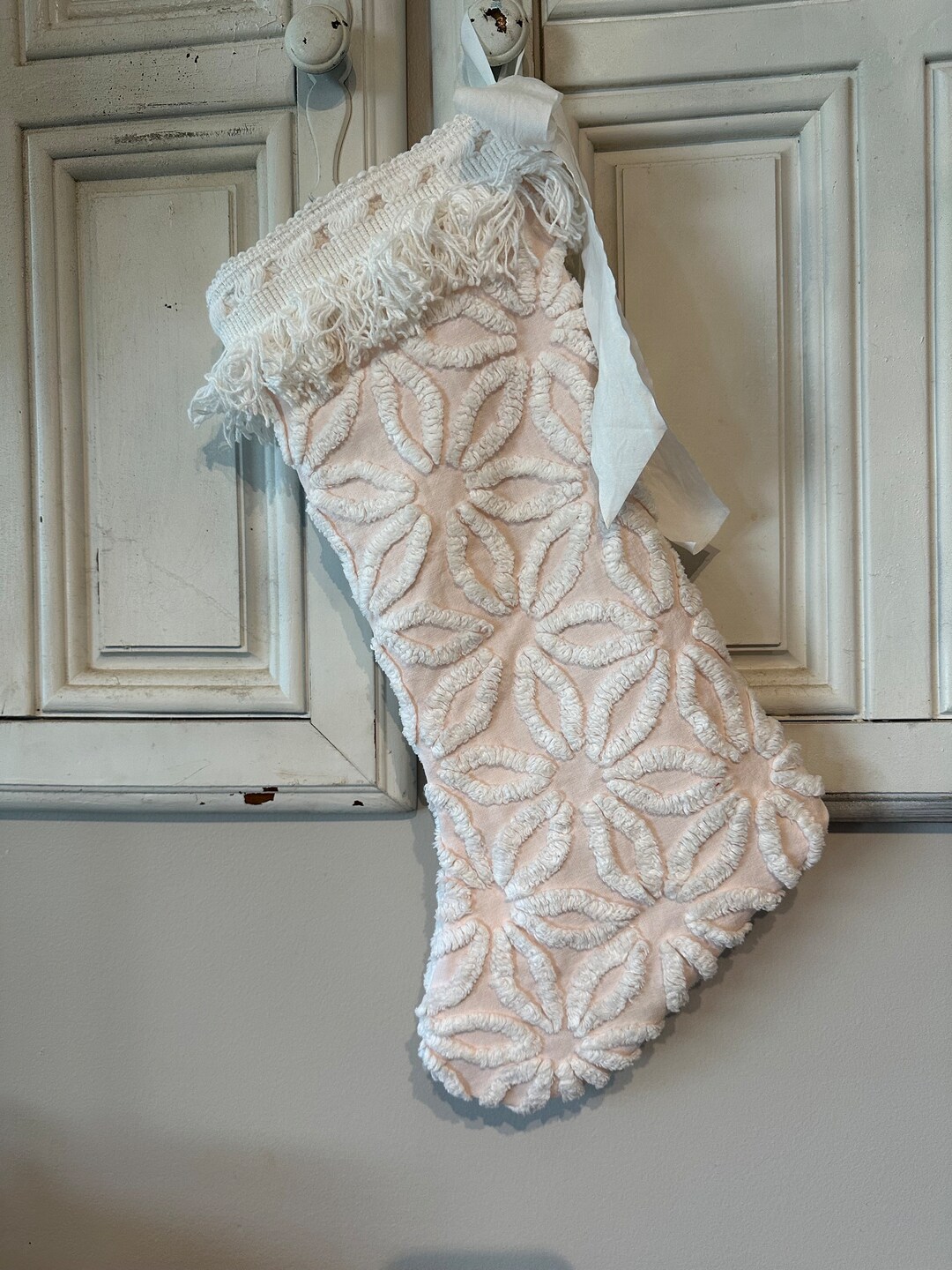 Chenille Christmas Stocking, Pink Christmas Stocking, Farmhouse