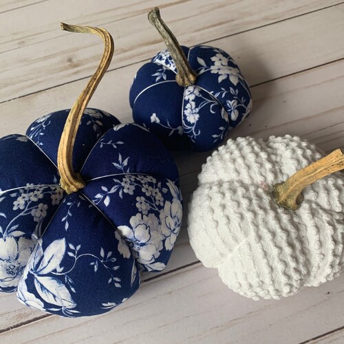 Farmhouse style fabric pumpkins, navy pumpkins, blue and white pumpkins, chinoiserie pumpkins