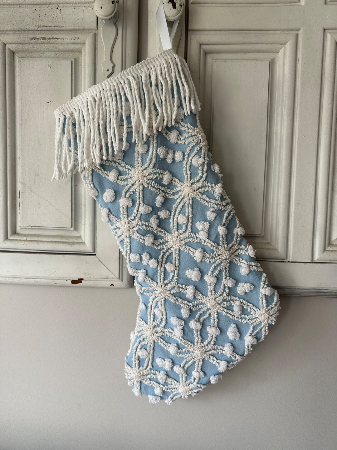 Chenille Christmas Stocking, Blue Christmas Stocking, Farmhouse
