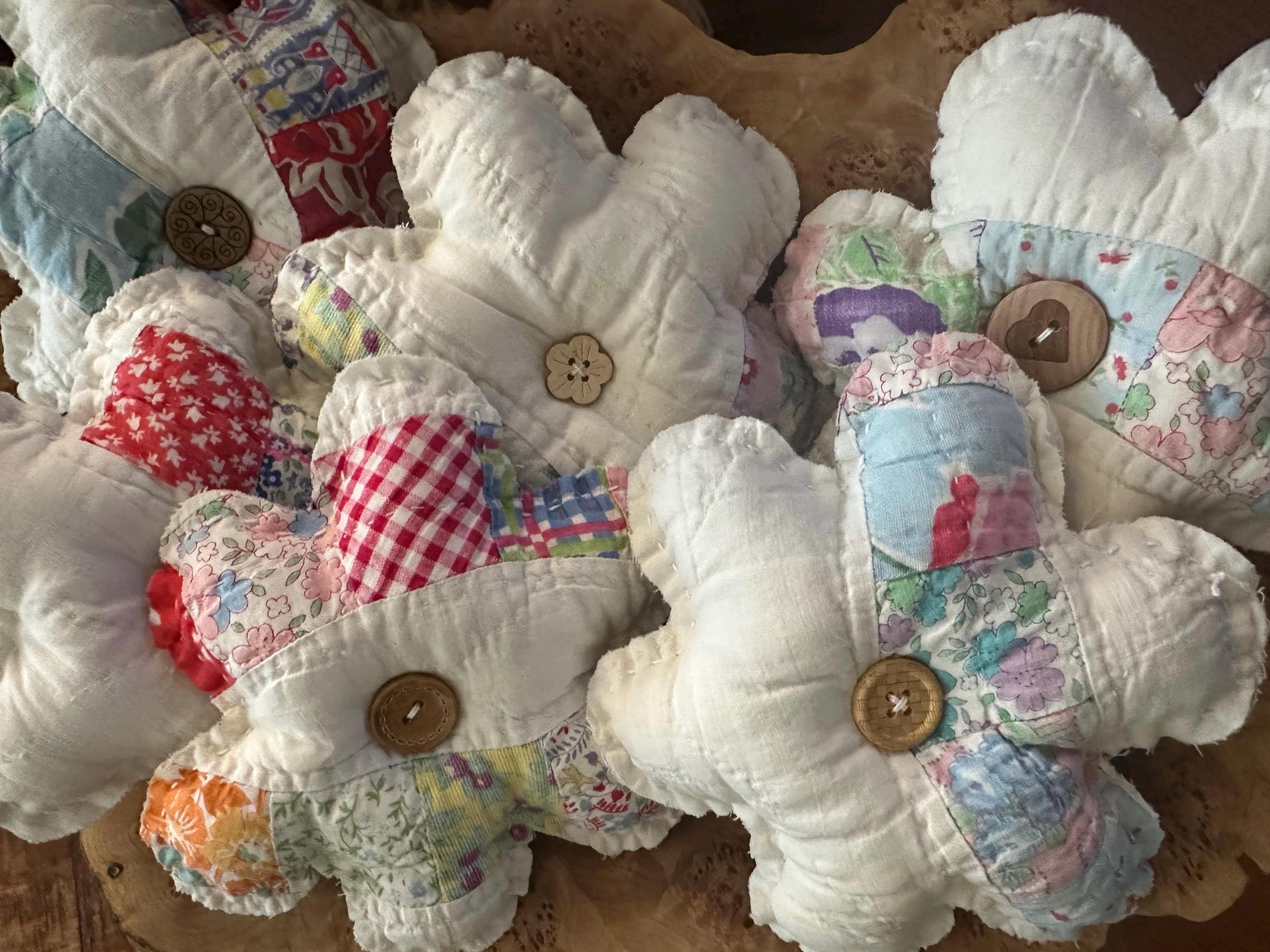 2 Quilted flowers, up cycled flowers, vintage quilt decor, tiered tray decor, shelf sitters, bowl fillers
