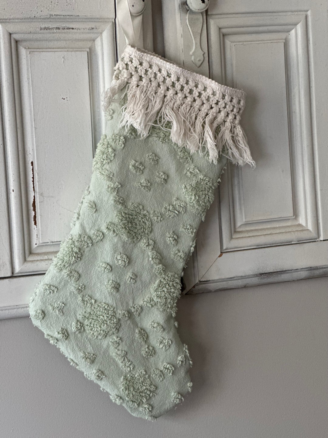 Chenille Christmas Stocking, Green Christmas Stocking, Farmhouse