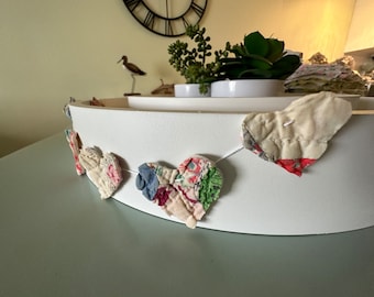 Heart garland, vintage quilt garland, shabby chic garland, tiered tray decor
