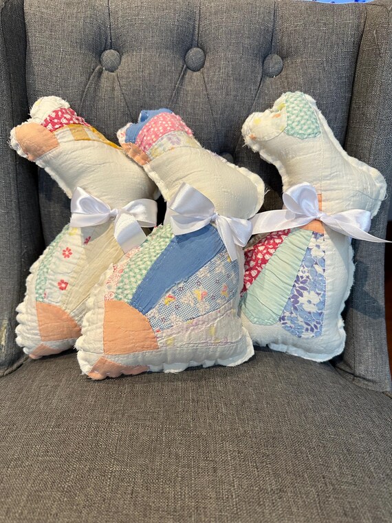 Quilted bunnies, tattered bunny, shabby chic bunny rabbit, easter decor, quilt bunny decor, shabby chic easter decor, vintage fabric bunny