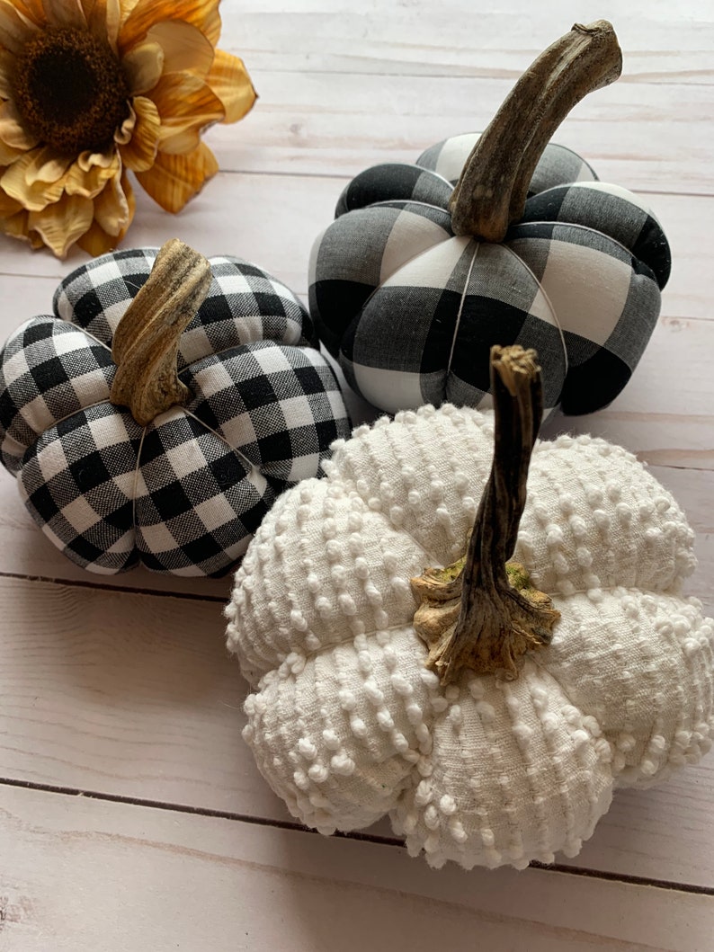 white pumpkin decor ideas black and white buffalo plaid fabric pumpkins, white pumpkin decor ideas