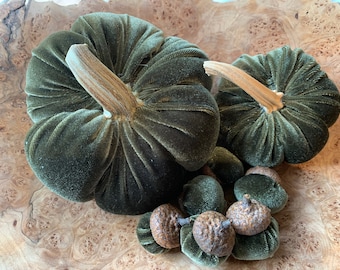 velvet pumpkins with real stems, velvet acorns, Thanksgiving decor, farmhouse decor, wedding decor, rustic decor, velvet decor