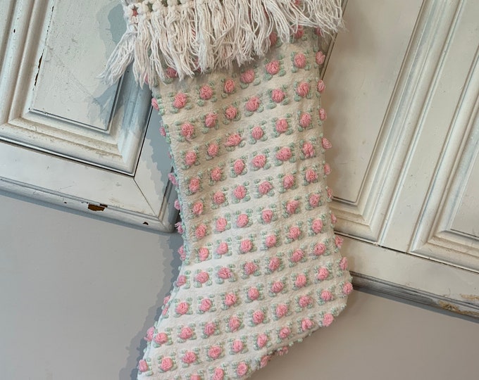 Chenille Christmas Stocking, Pink Christmas Stocking, Rosebud Chenille