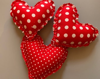 Farmhouse style fabric hearts, red polka dot hearts, valentine decor, farmhouse decor, tiered tray decor,