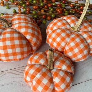 Farmhouse style fabric pumpkins,  buffalo plaid pumpkins, buffalo check decor, real pumpkin stems, farmhouse accents, orange plaid pumpkins