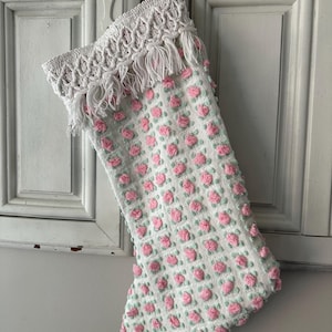 Chenille Christmas stocking, pink Christmas stocking, rosebud chenille stocking, cottage decor, shabby chic stocking