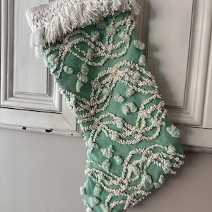 Handmade Chenille Christmas Stocking: Green Farmhouse Decor, coastal decor, beach decor, Christmas decor