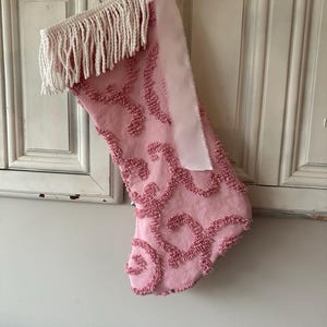 Chenille Christmas stocking, pink  Christmas stocking, farmhouse inspired stocking, farmhouse decor, shabby chic decor