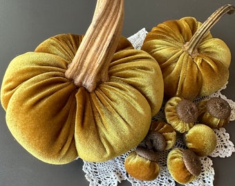 Gold velvet pumpkins with real stems, velvet acorns, Thanksgiving decor, farmhouse decor, wedding decor, rustic decor, velvet decor