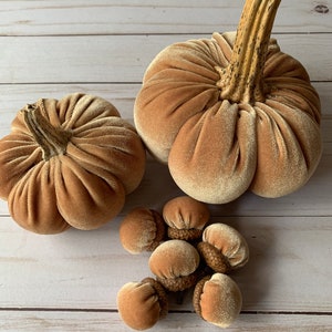 velvet pumpkins with real stems, velvet acorns, Thanksgiving decor, farmhouse decor, wedding decor, rustic decor, velvet decor