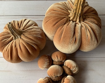velvet pumpkins with real stems, velvet acorns, Thanksgiving decor, farmhouse decor, wedding decor, rustic decor, velvet decor