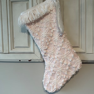 Chenille Christmas stocking, pink  Christmas stocking, farmhouse inspired stocking, farmhouse decor, shabby chic decor
