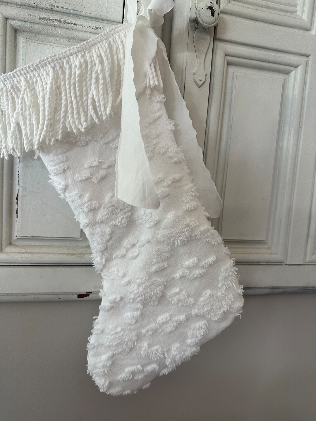 Chenille Christmas Stocking, White Christmas Stocking, Farmhouse