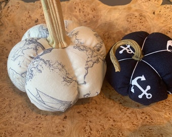 Nautical fabric pumpkins, blue and white pumpkins, coastal pumpkins, beach decor pumpkins