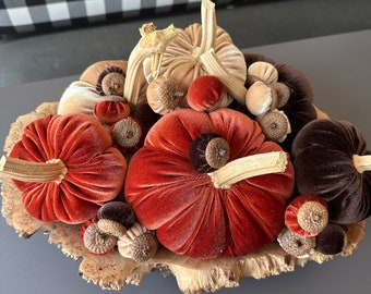 velvet pumpkins with real stems, velvet acorns, Thanksgiving decor, farmhouse decor, wedding decor, rustic decor, velvet decor