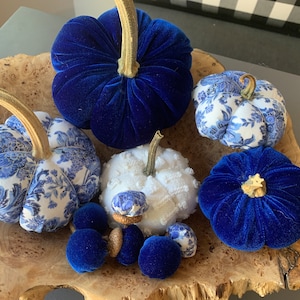 Blue velvet pumpkins with real stems, velvet acorns, Thanksgiving decor, farmhouse decor, wedding decor, velvet decor, navy pumpkins