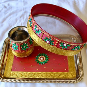 Karva Chauth 3 PC Pooja Set | Channi, Tray, Lota(Cup) | Decorative Karwa Chauth Set| **Free Gift Bag with the order**