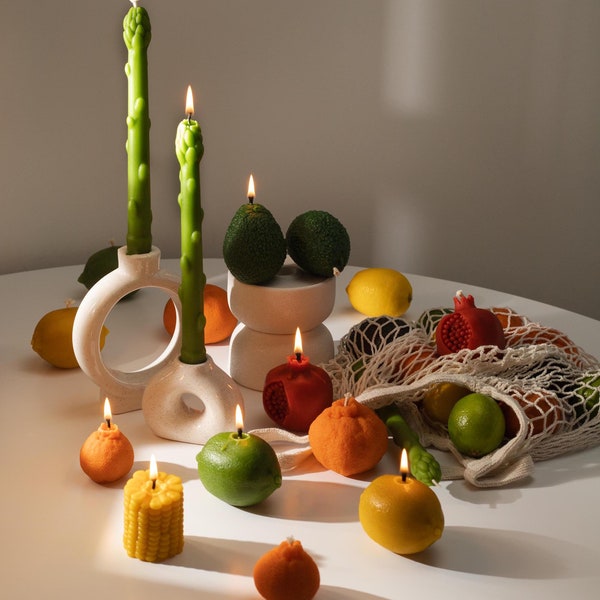 Velas de comida, velas de frutas y verduras reales, vela de naranja, vela de limón, vela de espárragos, vela de granada, decoración de mesa para bodas