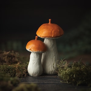 May include: Two decorative mushroom ornaments. The mushroom caps are a bright orange, contrasting with the off-white stems. The textured stems and caps are detailed. The mushrooms are set against a dark, blurred background with moss.