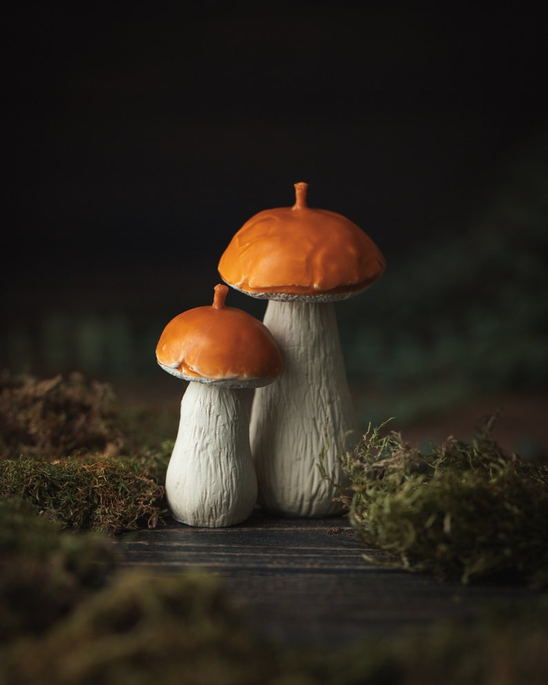 May include: Two decorative mushroom ornaments. The mushroom caps are a bright orange, contrasting with the off-white stems. The textured stems and caps are detailed. The mushrooms are set against a dark, blurred background with moss.