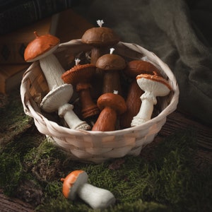 May include: A woven basket filled with mushroom-shaped candles in shades of brown, orange, and white, with wicks. Some candles are outside the basket, resting on green moss. The basket is on a wooden surface, creating a rustic aesthetic.