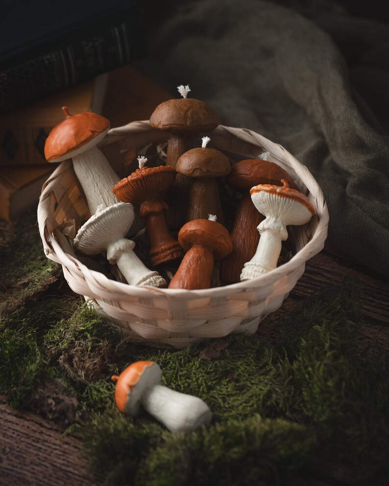 May include: A woven basket filled with mushroom-shaped candles in shades of brown, orange, and white, with wicks. Some candles are outside the basket, resting on green moss. The basket is on a wooden surface, creating a rustic aesthetic.