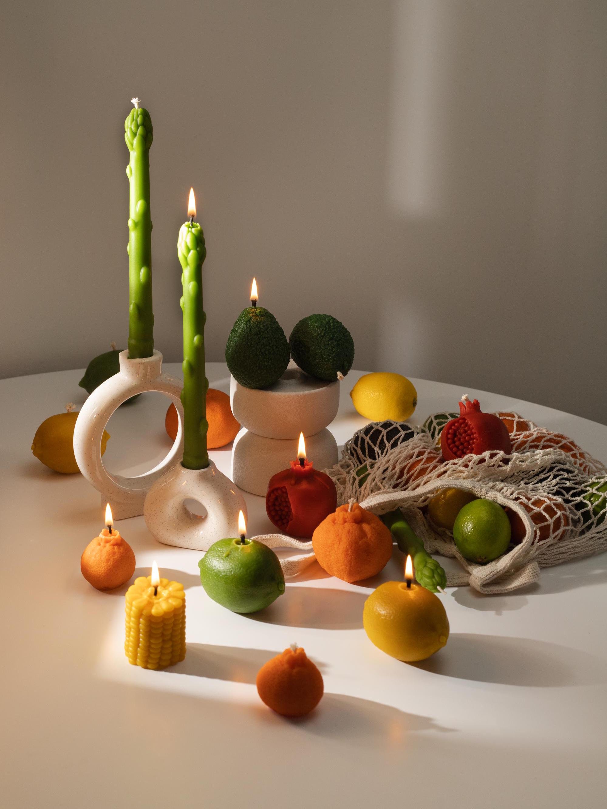 Food Candles, Real Fruit & Vegetables Candles, Orange Candle, Lemon Candle, Asparagus Candle, Pomegranate Candle, Wedding Table Decor