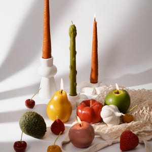 Velas de comida, velas de frutas y verduras, vela de manzana, vela de zanahoria, vela de espárrago, vela de pera