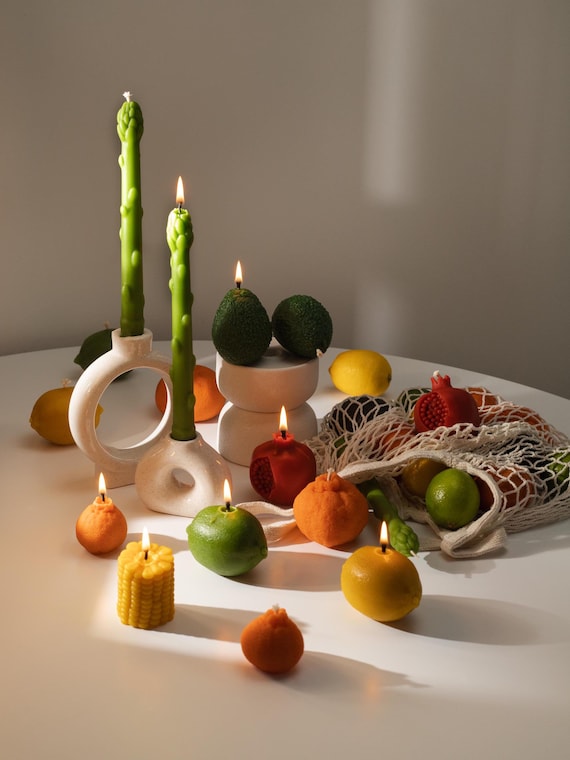 Food Candles, Real Fruit & Vegetables Candles, Orange Candle, Lemon Candle, Asparagus Candle, Pomegranate Candle, Wedding Table Decor