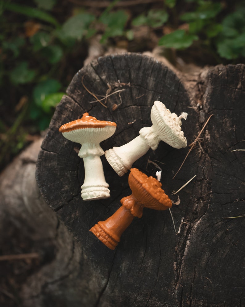 May include: Three mushroom-shaped candles in cream, orange, and brown hues rest on a weathered tree stump. The candles have detailed caps and stems, with a natural, earthy aesthetic. The arrangement suggests a woodland or nature-inspired theme.