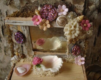Fairy Garden Vanity, Handmade Natural Miniature Vanity, Fairy Sink and Mirror, Natural Fairy Garden Accessories, Dollhouse Furniture,