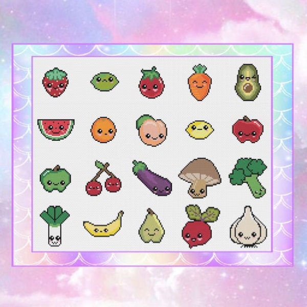Kawaii fruit and vegetables cross stitch pattern PDF