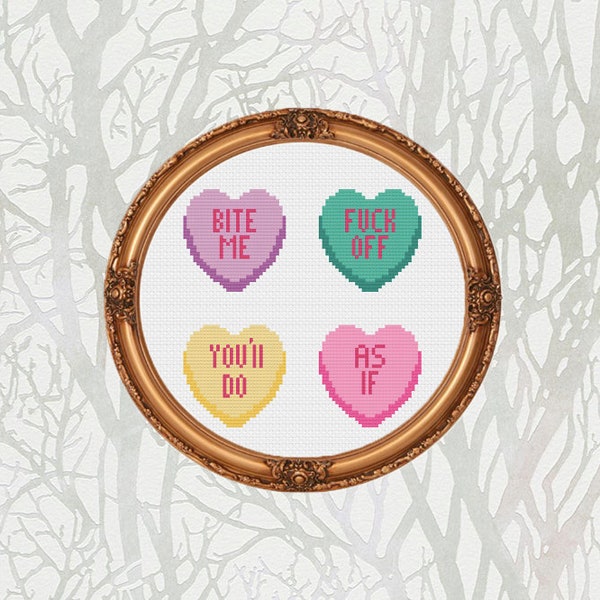 Candy heart rejections cross stitch pattern PDF