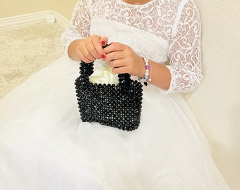 Girl Handbag for Flower Girl Gift and Weddings, Shiny Black Crystal Flower Girl Purse with Name, Flower Girl Bag