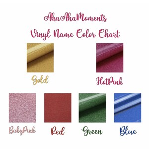 Pode incluir: Uma carta de cores para letras de vinil, mostrando amostras de vinil dourado, rosa quente, rosa beb&ecirc;, vermelho, verde e azul.