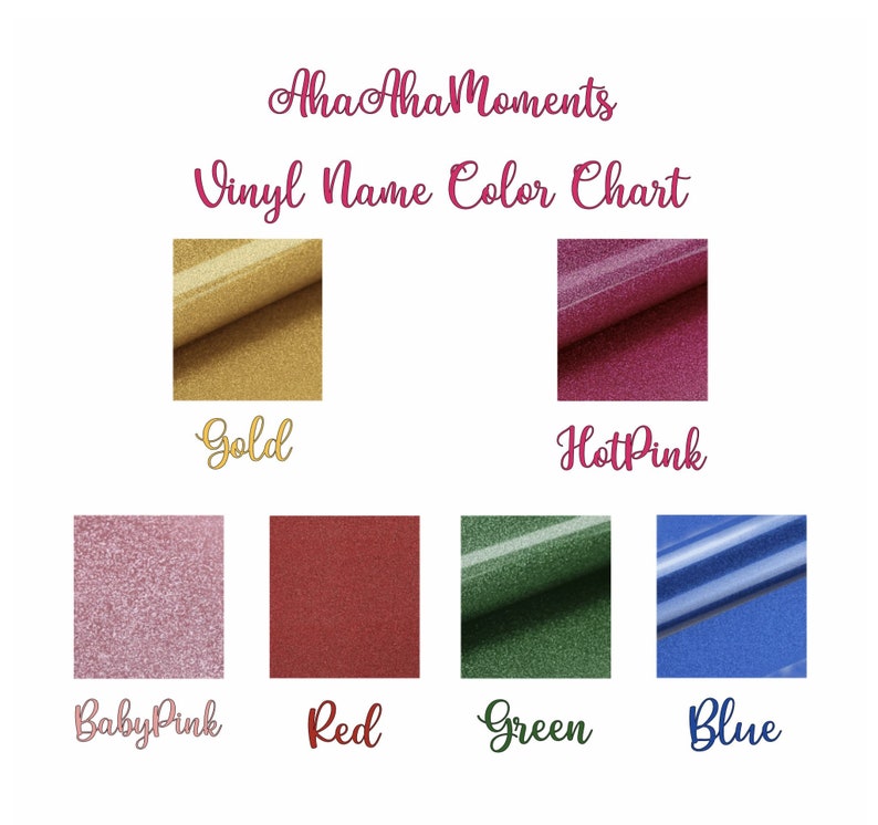 Pode incluir: Uma carta de cores para letras de vinil, mostrando amostras de vinil dourado, rosa quente, rosa beb&ecirc;, vermelho, verde e azul.
