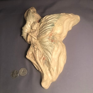 Fairy wall art vintage plaster winged fay fey fair folk faerie , painted in muted soft color palette