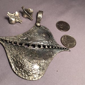 Designer signed Canadian jewelry artist  Guy Vidal Vintage huge pendant and earrings  sculptural shape midcentury modern brutalist