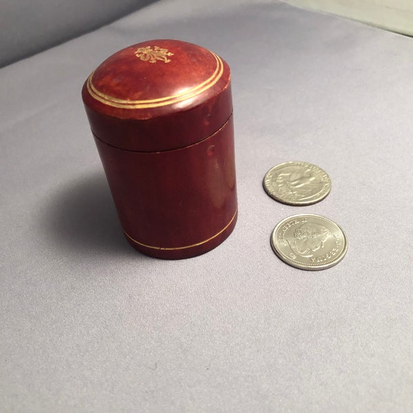 Vintage  Brown leather match safe holder gold paint trim , striker on bottom . trinket box , container