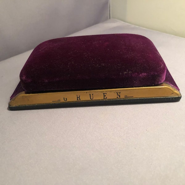 Art Deco Vintage antique brass metal  Gruen Watch presentation box with dome shape with platform base. Purple velvet