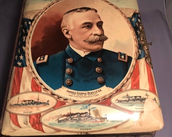 Antique celluloid EMPTY photo album for Cabinet Cards Admiral George Dewey ,  art Junk journal , missing clasp