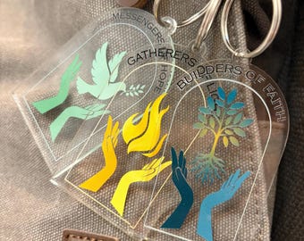 LDS Young Women Keychain | Builders of Faith | Messengers of Hope | Gatherers of Light | Acrylic Youth Theme Gift | Church Camp Girls Gift