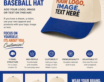 Royal Blue and Natural 5 Panel Mid-Profile Baseball Hat, add your logo, image or text on this hat.